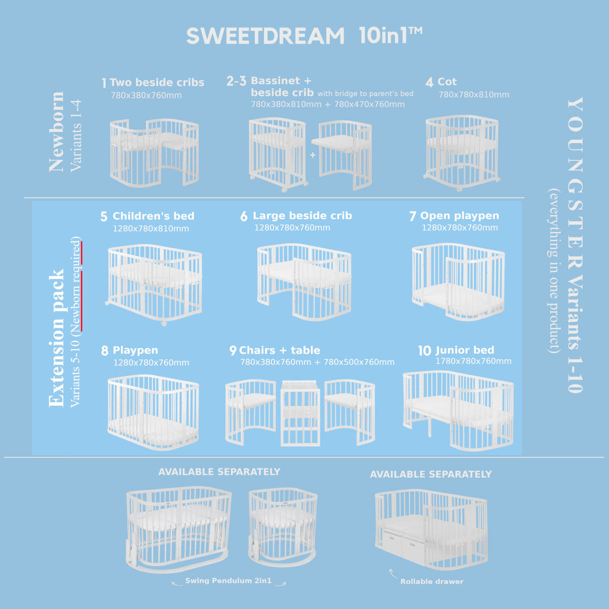 Baby crib SweetDream 10in1 Extension